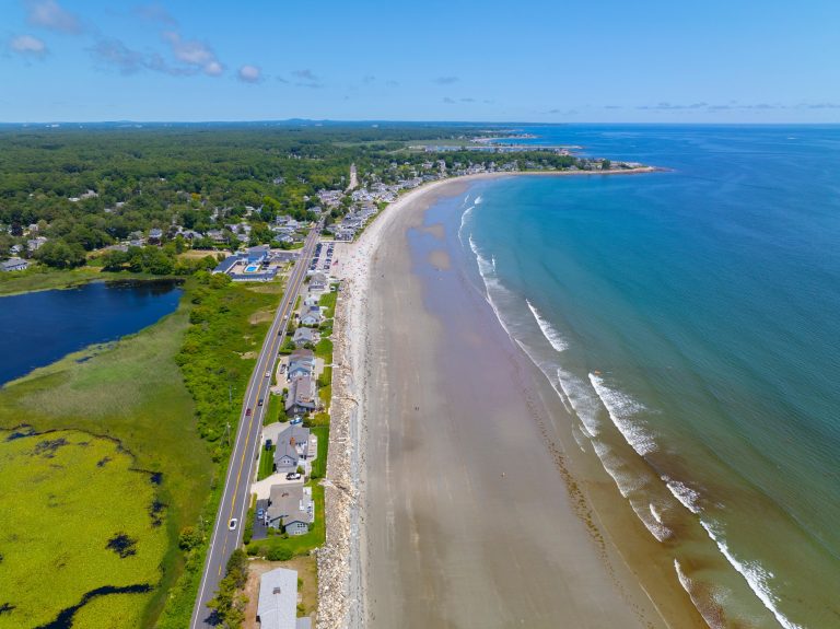 Sawyers Beach aerial view in summer with Ocean Boulevard in town of Rye New Hampshire NH USA