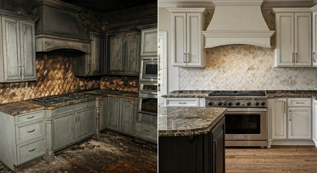 Indoor Photo Of Before And After Of A High-end Kitchen