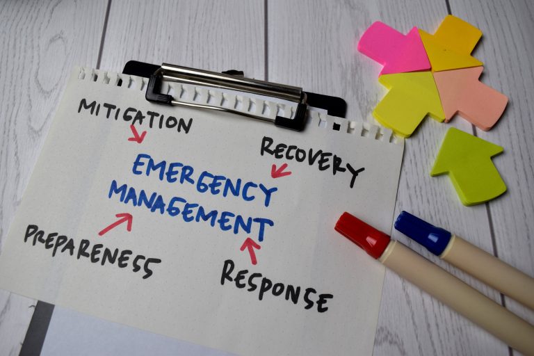Emergency Management write on a book with keywords isolated on O