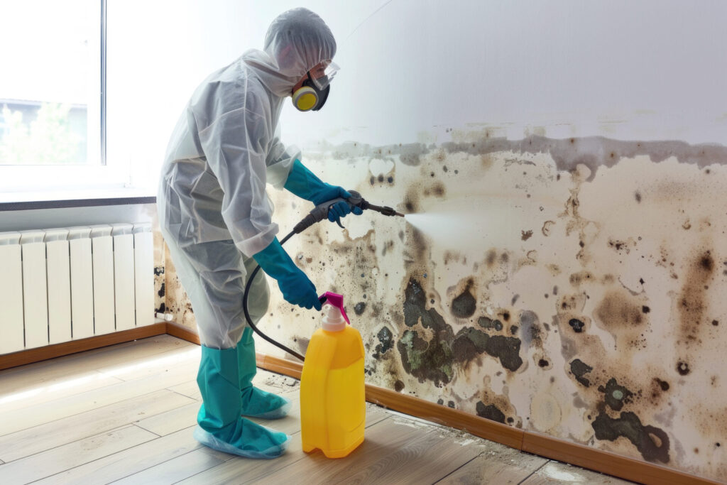 Person in a full protective suit and respirator sprays cleaning solution on a moldy indoor wall.