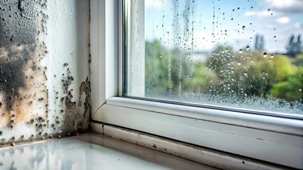 Window sill with moldy wall on left and raindrops on the glass, view of greenery outside through a rain-speckled pane.