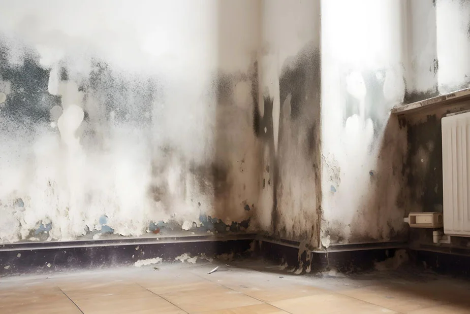 Mold on the wall in corner of room.